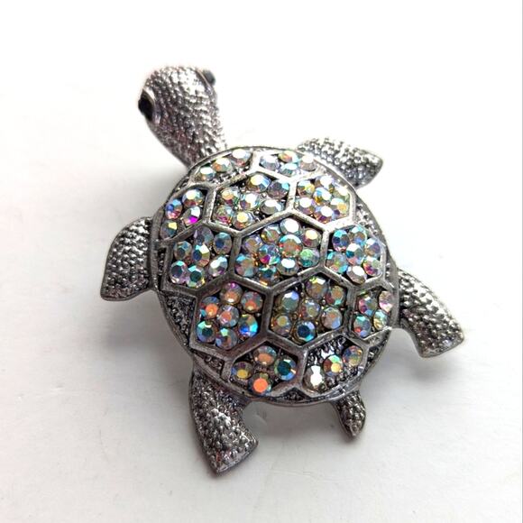 Silver Tone AB Crystal Glass Rhinestone Figural Turtle Tortoise Necklace Pendant - Picture 1 of 3
